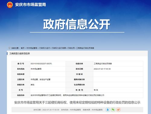 安徽省安慶市市場監管局 三起行政處罰案例公示，聚焦商標侵權與特種設備安全隱患